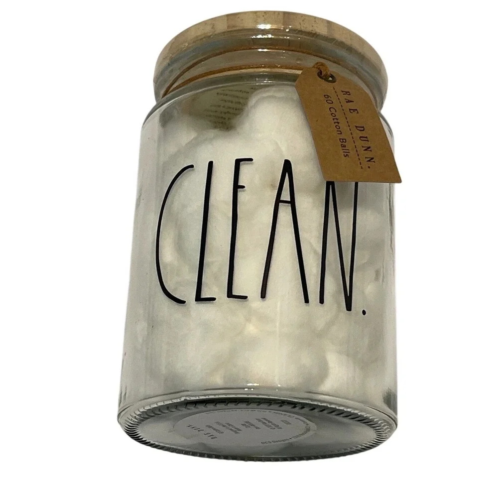 Rae Dunn CLEAN Glass Jar with Wood Lid Bathroom Canister Cotton Ball Holder NEW
